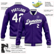 Load image into Gallery viewer, Custom Purple White-Gray Bomber Full-Snap Varsity Letterman Jacket
