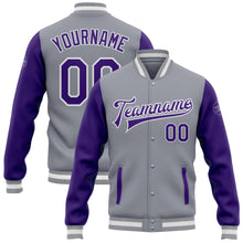 Load image into Gallery viewer, Custom Gray Purple-White Bomber Full-Snap Varsity Letterman Two Tone Jacket
