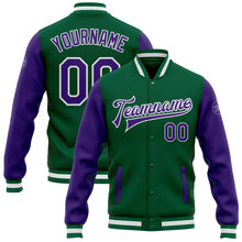 Load image into Gallery viewer, Custom Kelly Green Purple-White Bomber Full-Snap Varsity Letterman Two Tone Jacket
