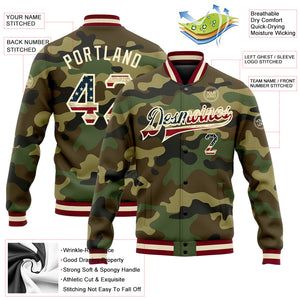 Custom Camo Vintage USA Flag Cream-Maroon Bomber Full-Snap Varsity Letterman Salute To Service Jacket