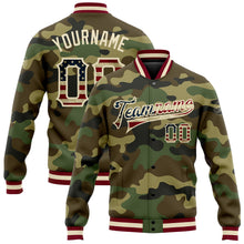 Load image into Gallery viewer, Custom Camo Vintage USA Flag Cream-Maroon Bomber Full-Snap Varsity Letterman Salute To Service Jacket
