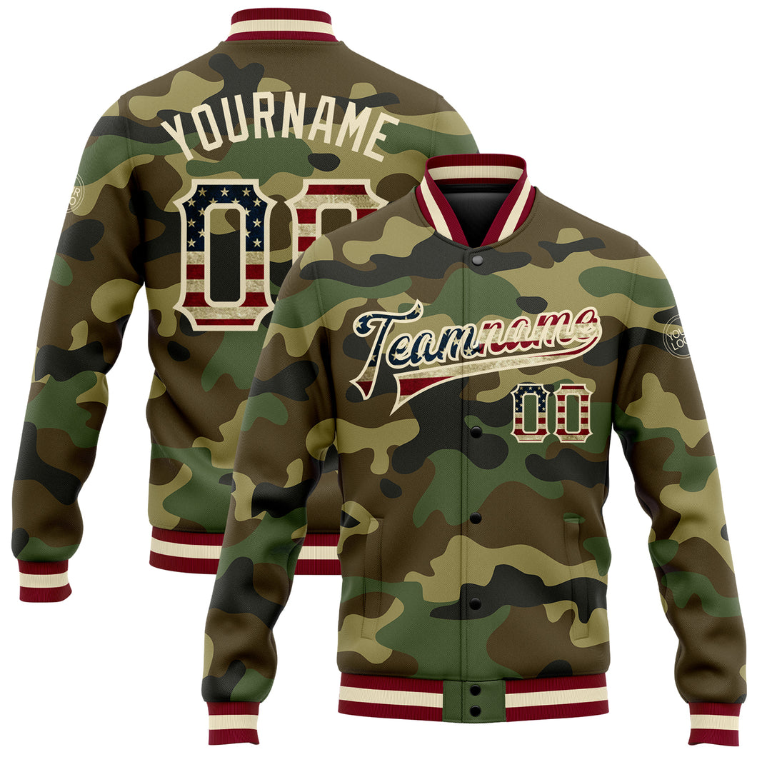 Custom Camo Vintage USA Flag Cream-Maroon Bomber Full-Snap Varsity Letterman Salute To Service Jacket