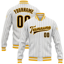 Load image into Gallery viewer, Custom White Brown Pinstripe Brown-Gold Bomber Full-Snap Varsity Letterman Jacket
