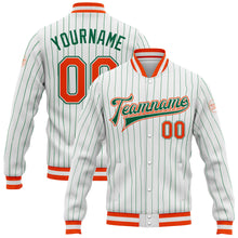 Load image into Gallery viewer, Custom White Kelly Green Pinstripe Orange-Kelly Green Bomber Full-Snap Varsity Letterman Jacket
