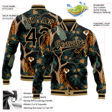 Load image into Gallery viewer, Custom Black Black-Old Gold Tiger And Peacock 3D Pattern Design Bomber Full-Snap Varsity Letterman Jacket
