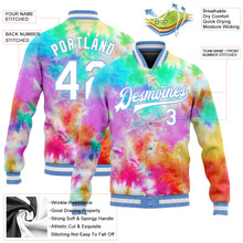 Load image into Gallery viewer, Custom Tie Dye White-Light Blue Rainbow 3D Bomber Full-Snap Varsity Letterman Jacket
