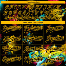 Load image into Gallery viewer, Custom Graffiti Pattern Black-Gold 3D Bomber Full-Snap Varsity Letterman Jacket
