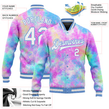 Load image into Gallery viewer, Custom Tie Dye White-Light Blue Rainbow 3D Bomber Full-Snap Varsity Letterman Jacket
