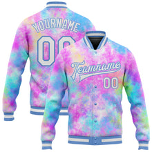 Load image into Gallery viewer, Custom Tie Dye White-Light Blue Rainbow 3D Bomber Full-Snap Varsity Letterman Jacket
