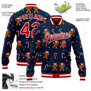 Custom Navy Red-White Christmas 3D Bomber Full-Snap Varsity Letterman Jacket