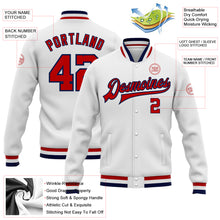 Load image into Gallery viewer, Custom White Red-Navy Bomber Full-Snap Varsity Letterman Jacket
