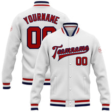 Load image into Gallery viewer, Custom White Red-Navy Bomber Full-Snap Varsity Letterman Jacket
