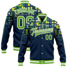 Load image into Gallery viewer, Custom Navy Neon Green-White 3D Pattern Design Bomber Full-Snap Varsity Letterman Jacket
