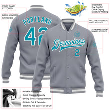 Load image into Gallery viewer, Custom Gray Teal-White Bomber Full-Snap Varsity Letterman Jacket
