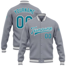 Load image into Gallery viewer, Custom Gray Teal-White Bomber Full-Snap Varsity Letterman Jacket
