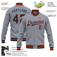 Load image into Gallery viewer, Custom Gray Black Powder Blue-Orange Bomber Full-Snap Varsity Letterman Jacket
