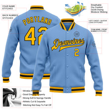Load image into Gallery viewer, Custom Light Blue Gold-Black Bomber Full-Snap Varsity Letterman Jacket
