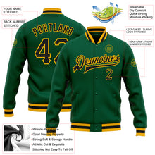 Load image into Gallery viewer, Custom Kelly Green Black-Gold Bomber Full-Snap Varsity Letterman Jacket
