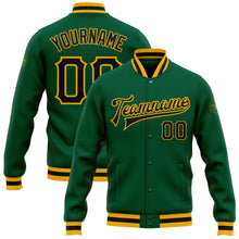 Load image into Gallery viewer, Custom Kelly Green Black-Gold Bomber Full-Snap Varsity Letterman Jacket
