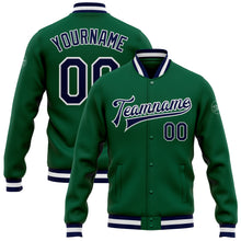 Load image into Gallery viewer, Custom Kelly Green Navy-White Bomber Full-Snap Varsity Letterman Jacket
