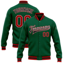 Load image into Gallery viewer, Custom Kelly Green Red-Black Bomber Full-Snap Varsity Letterman Jacket
