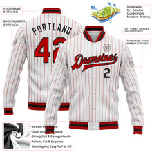 Load image into Gallery viewer, Custom White Red Pinstripe Red-Black Bomber Full-Snap Varsity Letterman Jacket
