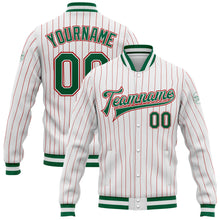 Load image into Gallery viewer, Custom White Red Pinstripe Kelly Green-Red Bomber Full-Snap Varsity Letterman Jacket
