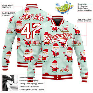 Custom Pea Green White-Red Christmas 3D Bomber Full-Snap Varsity Letterman Jacket