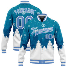 Load image into Gallery viewer, Custom Teal Light Blue-White Christmas 3D Bomber Full-Snap Varsity Letterman Jacket
