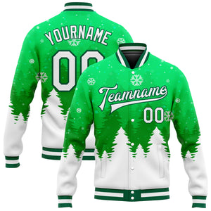 Custom Kelly Green White Christmas 3D Bomber Full-Snap Varsity Letterman Jacket