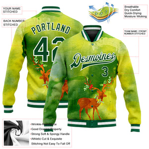 Custom Neon Green Kelly Green-Gold Christmas 3D Bomber Full-Snap Varsity Letterman Jacket