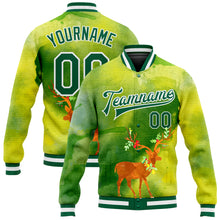 Load image into Gallery viewer, Custom Neon Green Kelly Green-Gold Christmas 3D Bomber Full-Snap Varsity Letterman Jacket
