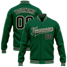 Load image into Gallery viewer, Custom Kelly Green Black-Cream Bomber Full-Snap Varsity Letterman Jacket
