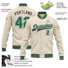 Load image into Gallery viewer, Custom Cream Kelly Green-Black Bomber Full-Snap Varsity Letterman Jacket
