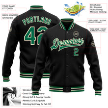 Load image into Gallery viewer, Custom Black Kelly Green-Cream Bomber Full-Snap Varsity Letterman Jacket
