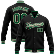 Load image into Gallery viewer, Custom Black Kelly Green-Cream Bomber Full-Snap Varsity Letterman Jacket
