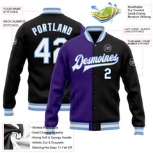 Load image into Gallery viewer, Custom Black White Purple-Light Blue Bomber Full-Snap Varsity Letterman Split Fashion Jacket
