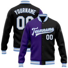 Load image into Gallery viewer, Custom Black White Purple-Light Blue Bomber Full-Snap Varsity Letterman Split Fashion Jacket
