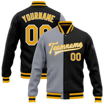 Custom Black Gold-Gray Bomber Full-Snap Varsity Letterman Split Fashion Jacket