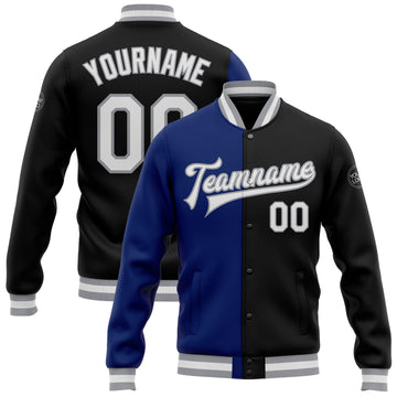 Custom Black White Royal-Gray Bomber Full-Snap Varsity Letterman Split Fashion Jacket