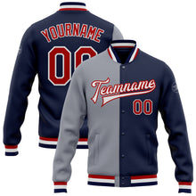 Load image into Gallery viewer, Custom Navy Red-Gray Bomber Full-Snap Varsity Letterman Split Fashion Jacket
