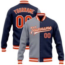 Load image into Gallery viewer, Custom Navy Orange-Gray Bomber Full-Snap Varsity Letterman Split Fashion Jacket
