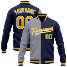 Load image into Gallery viewer, Custom Navy Gold-Gray Bomber Full-Snap Varsity Letterman Split Fashion Jacket
