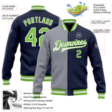 Load image into Gallery viewer, Custom Navy Neon Green-Gray Bomber Full-Snap Varsity Letterman Split Fashion Jacket
