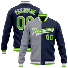 Load image into Gallery viewer, Custom Navy Neon Green-Gray Bomber Full-Snap Varsity Letterman Split Fashion Jacket
