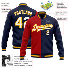 Load image into Gallery viewer, Custom Navy White Red-Gold Bomber Full-Snap Varsity Letterman Split Fashion Jacket
