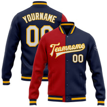 Load image into Gallery viewer, Custom Navy White Red-Gold Bomber Full-Snap Varsity Letterman Split Fashion Jacket
