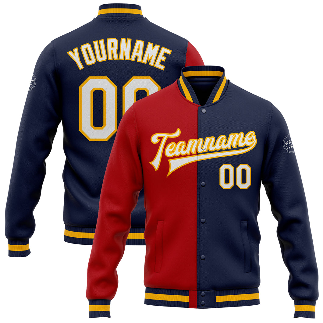 Custom Navy White Red-Gold Bomber Full-Snap Varsity Letterman Split Fashion Jacket