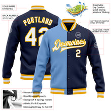 Load image into Gallery viewer, Custom Navy White Light Blue-Gold Bomber Full-Snap Varsity Letterman Split Fashion Jacket
