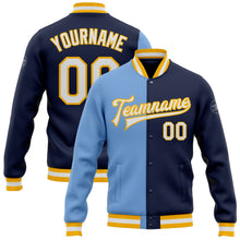 Load image into Gallery viewer, Custom Navy White Light Blue-Gold Bomber Full-Snap Varsity Letterman Split Fashion Jacket
